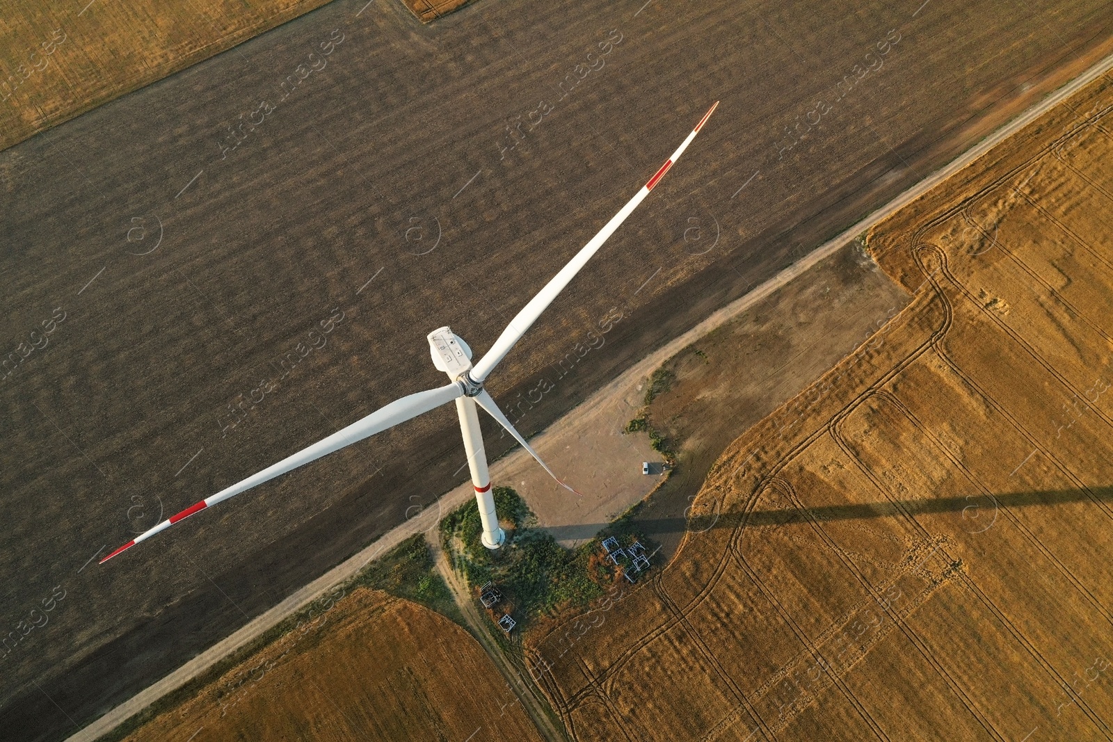 Image of Aerial view on modern wind turbine. Alternative energy source