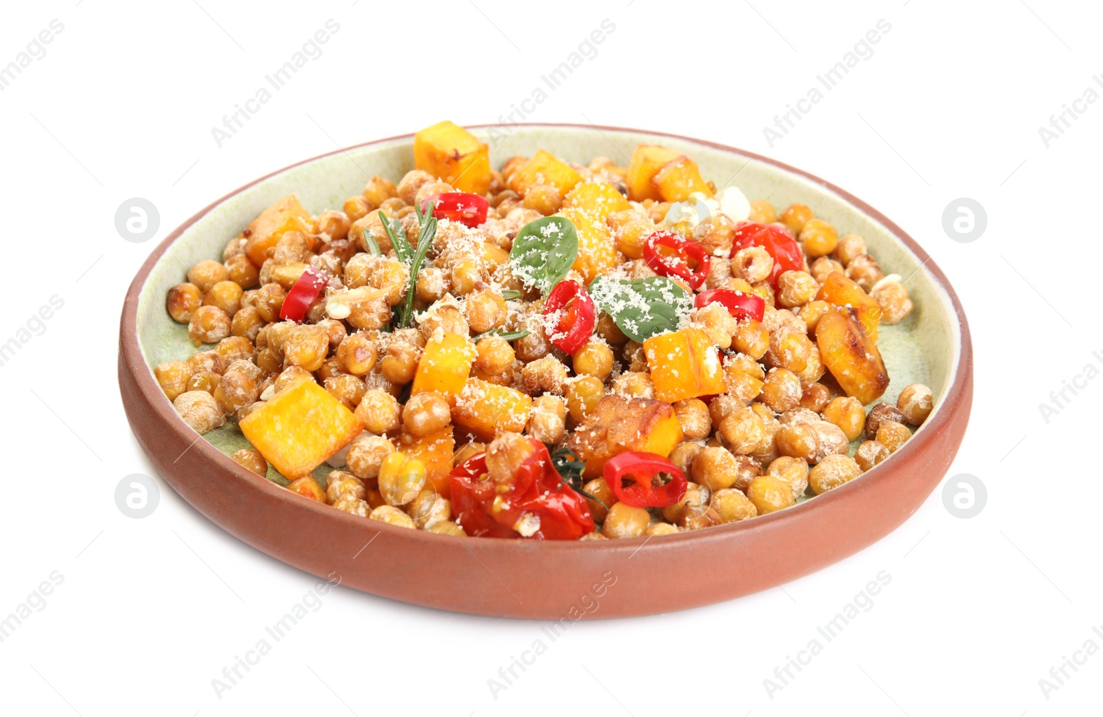 Photo of Plate with delicious fresh chickpea salad isolated on white
