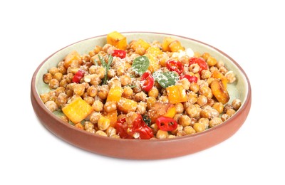 Plate with delicious fresh chickpea salad isolated on white