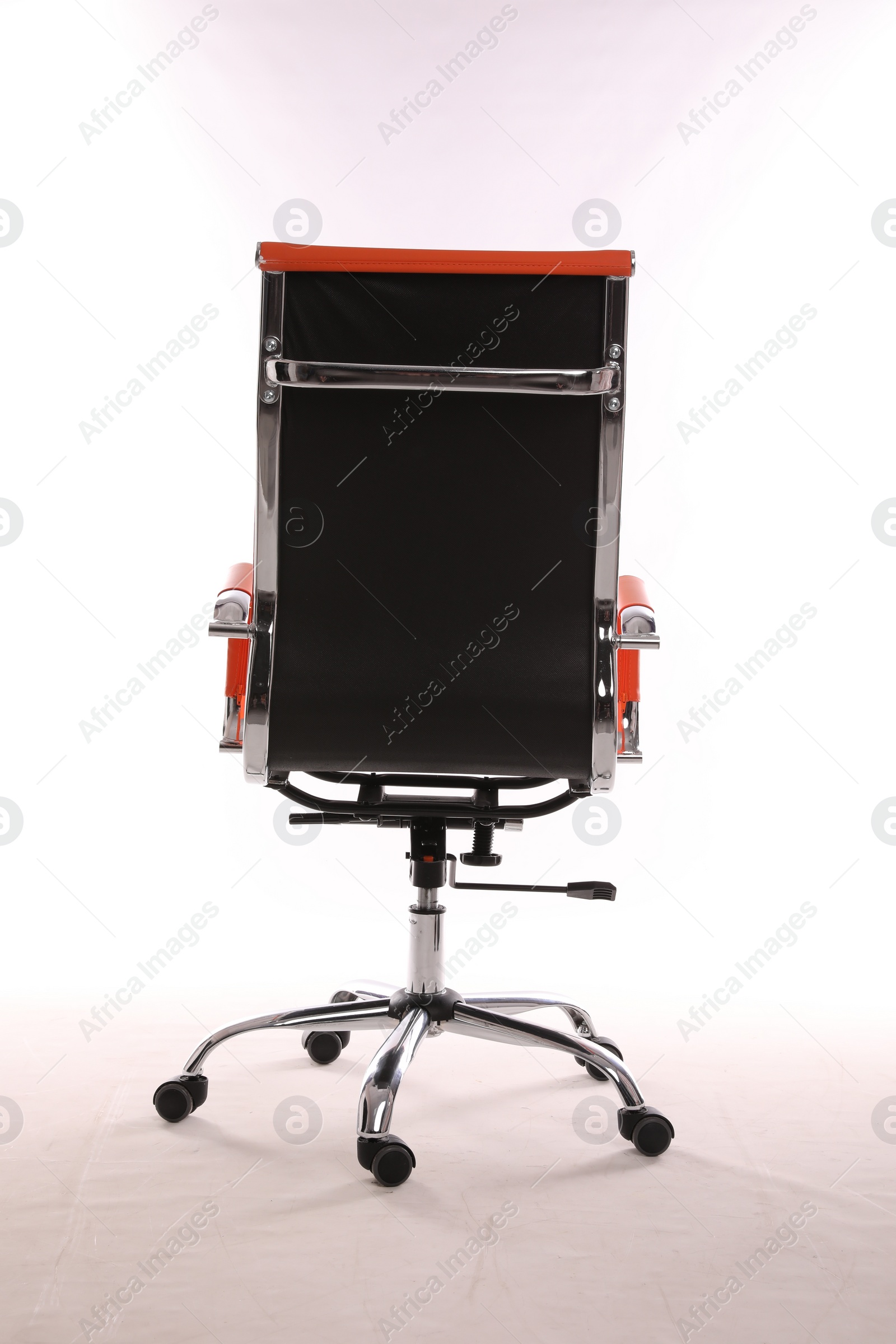 Photo of Comfortable leather office chair isolated on white, back view