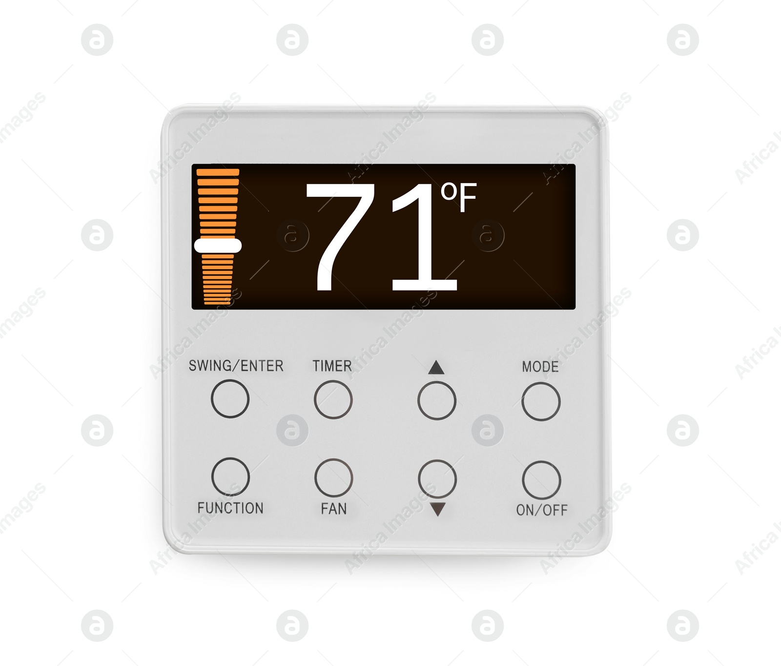 Image of Thermostat displaying temperature in Fahrenheit scale. Smart home device on white background