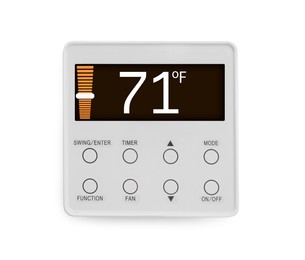 Image of Thermostat displaying temperature in Fahrenheit scale. Smart home device on white background