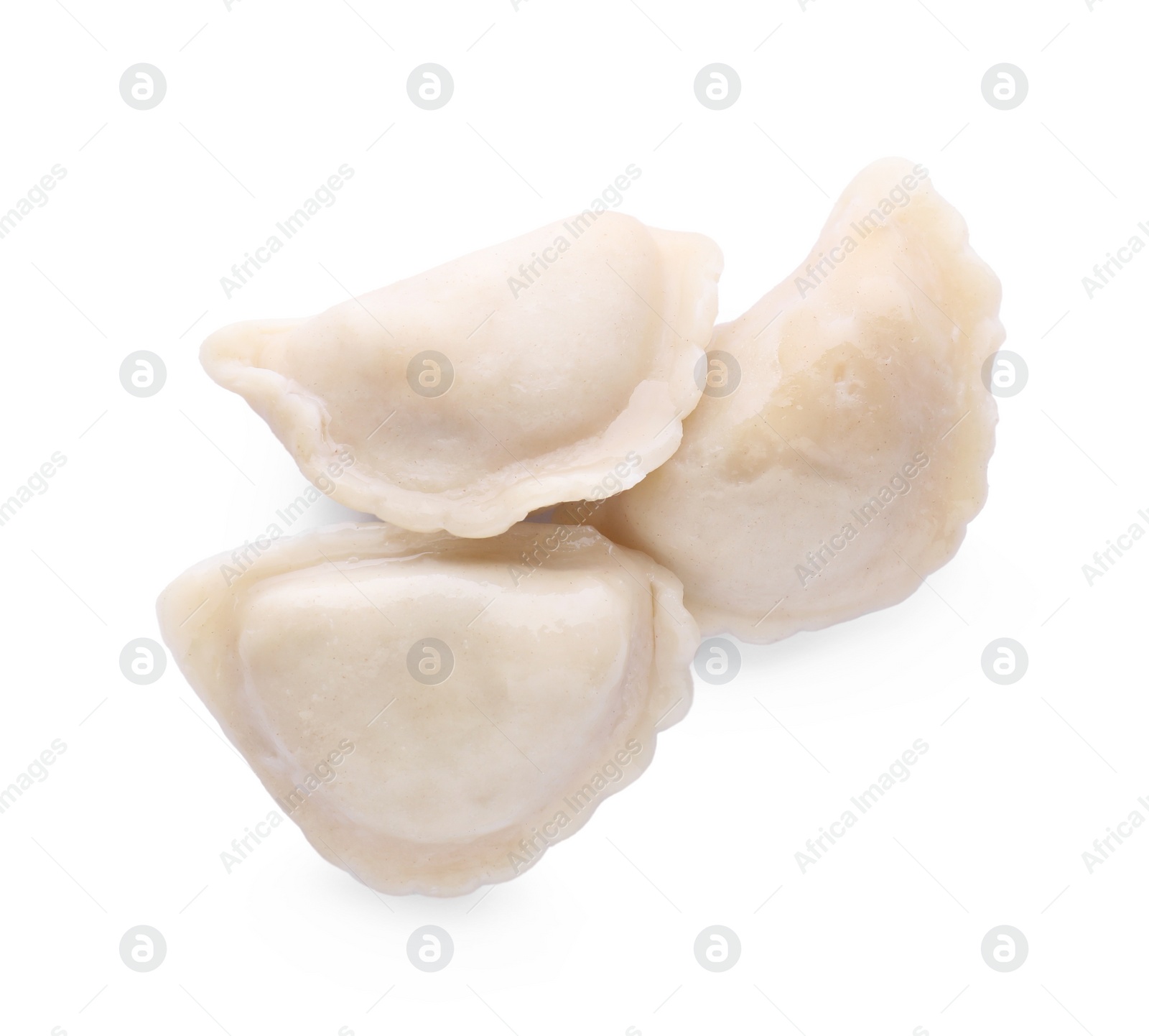 Photo of Delicious dumplings (varenyky) with tasty filling on white background, top view