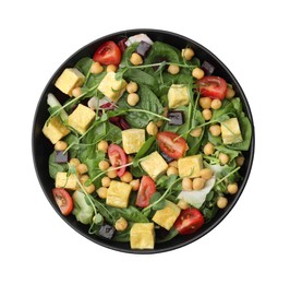 Bowl of tasty salad with tofu, chickpeas and vegetables isolated on white, top view