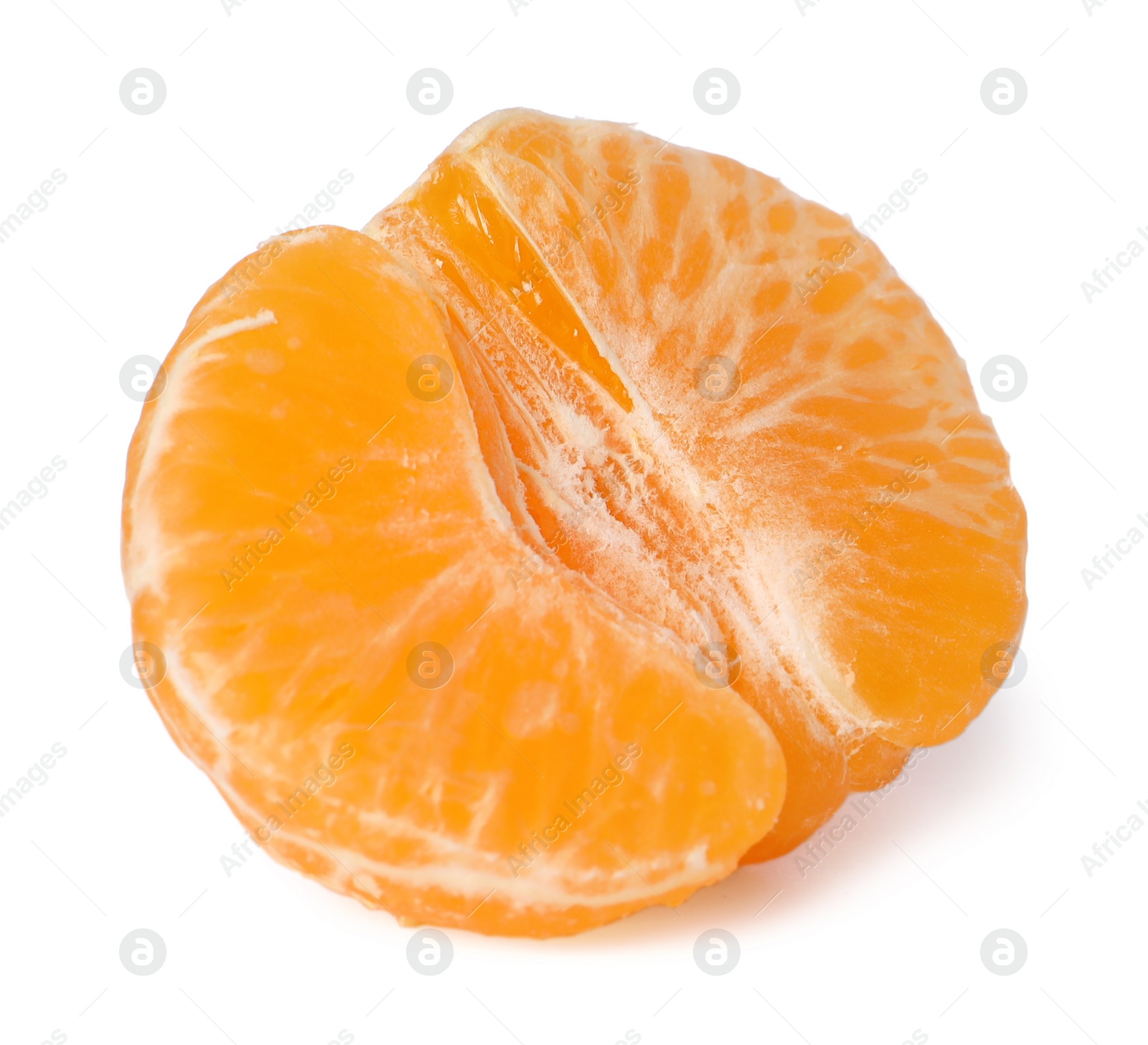 Photo of Half of peeled fresh ripe tangerine isolated on white