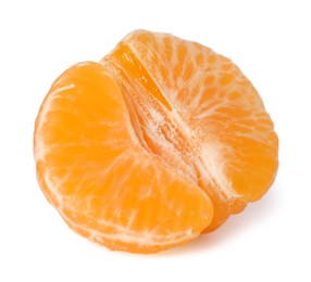 Photo of Half of peeled fresh ripe tangerine isolated on white
