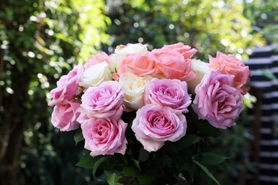 Photo of Beautiful bouquet of aromatic roses outdoors, closeup