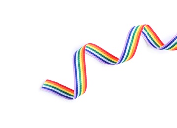 Photo of Rainbow ribbon on white background. Gay symbol