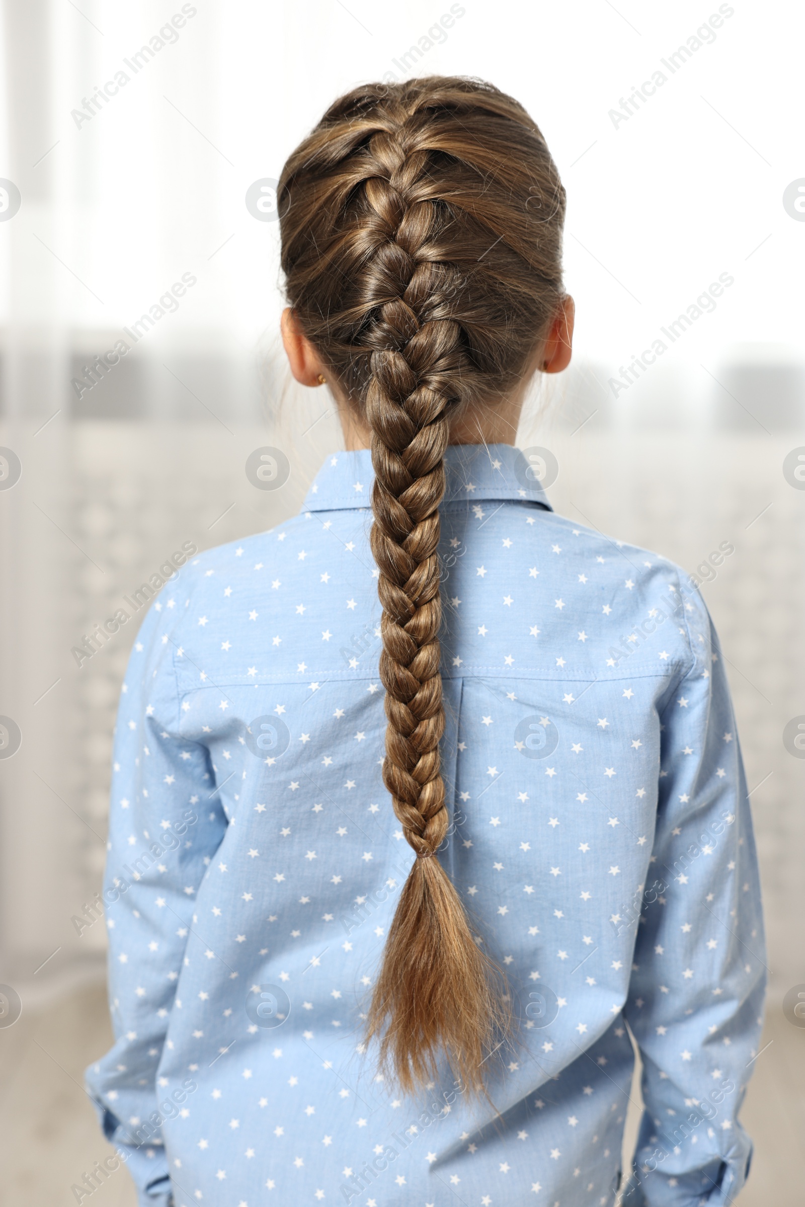 Photo of Little girl with braided hair indoors, back view