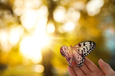 Image of Woman holding beautiful rice paper butterfly outdoors on sunny day, closeup. Bokeh effect