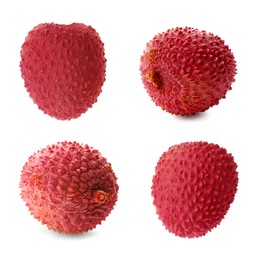 Image of Fresh lychees isolated on white, collection. Tropical fruit