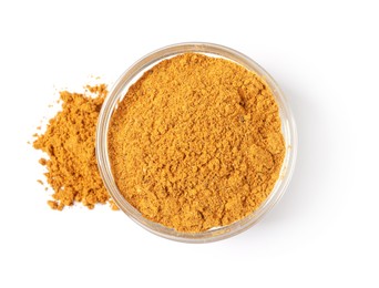 Photo of Curry powder in bowl isolated on white, top view