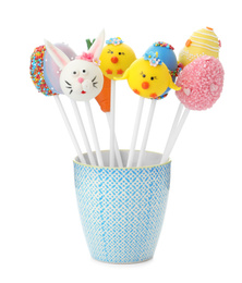 Photo of Different delicious sweet cake pops on white background. Easter holiday