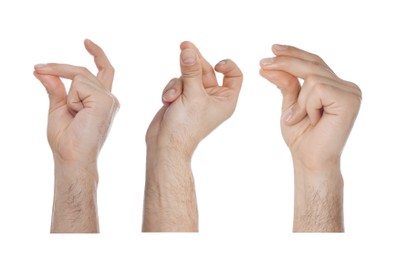 Image of Collage with photos of men snapping fingers on white background, closeup