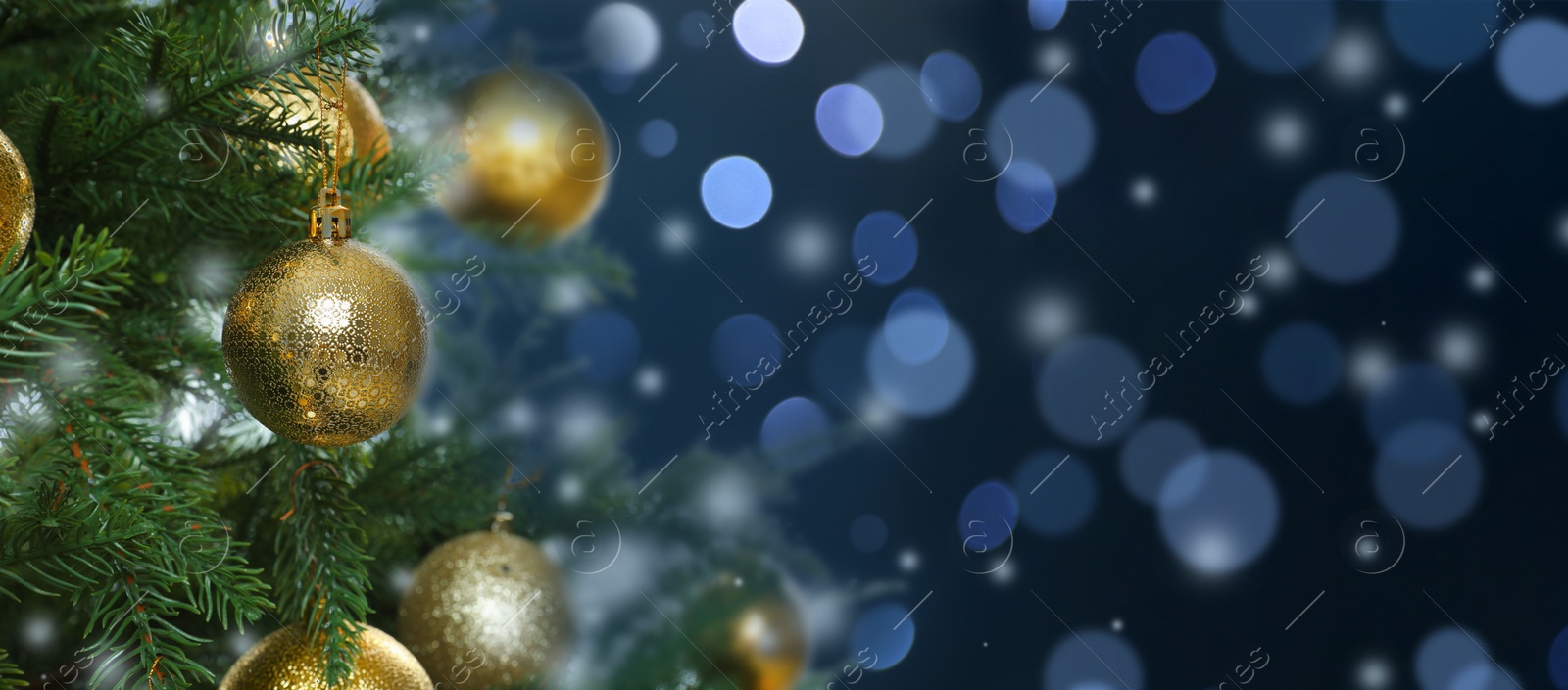 Image of Beautiful Christmas tree with bright baubles against blurred lights on dark blue background, closeup. Banner design with space for text