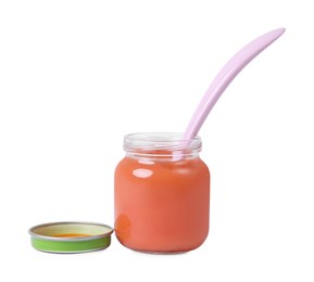 Photo of Glass jar with healthy baby food and spoon isolated on white