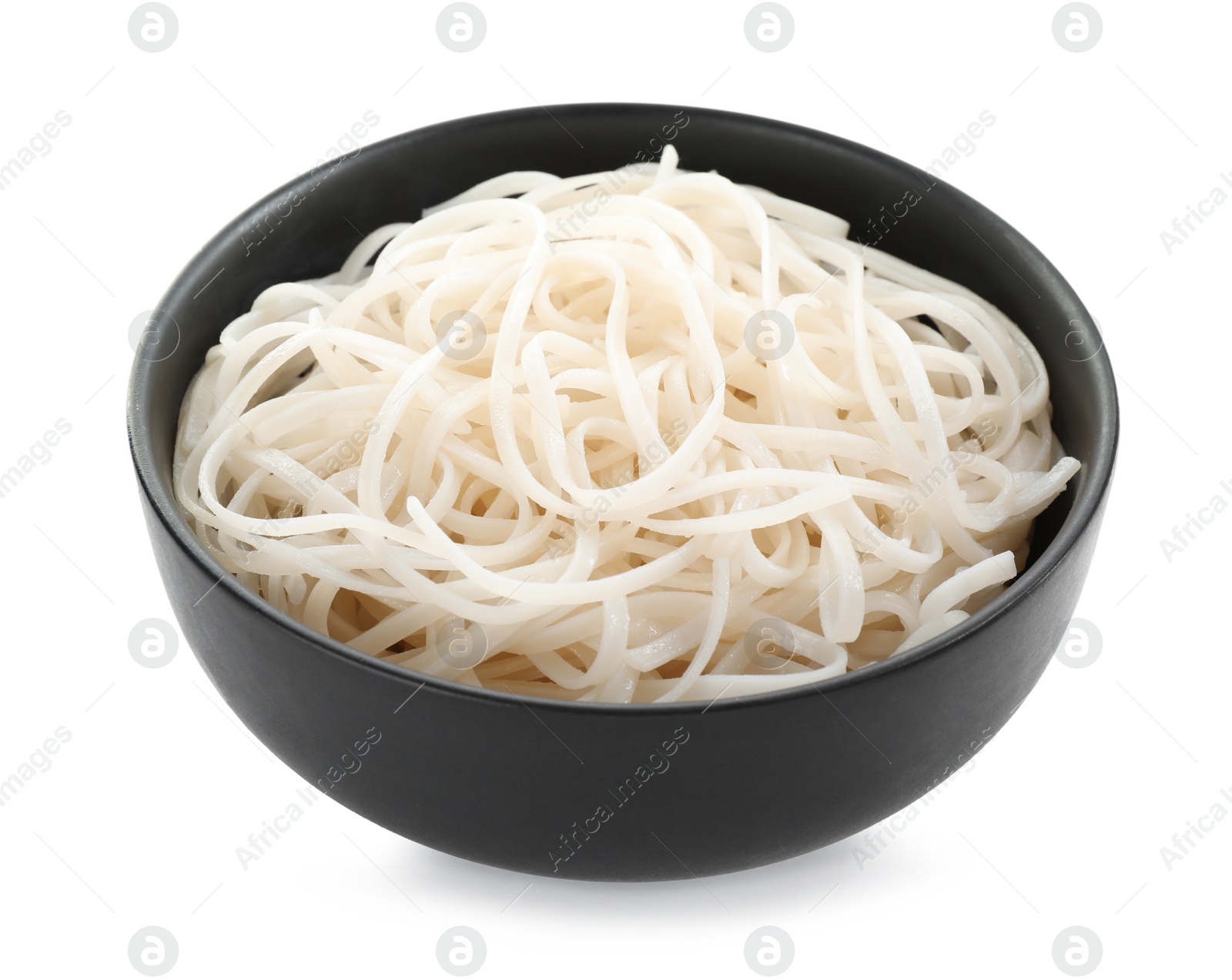 Photo of Bowl of tasty cooked rice noodles isolated on white