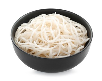 Bowl of tasty cooked rice noodles isolated on white