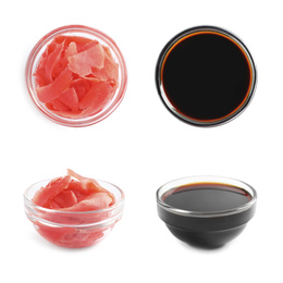Image of Delicious soy sauce and pickled ginger on white background