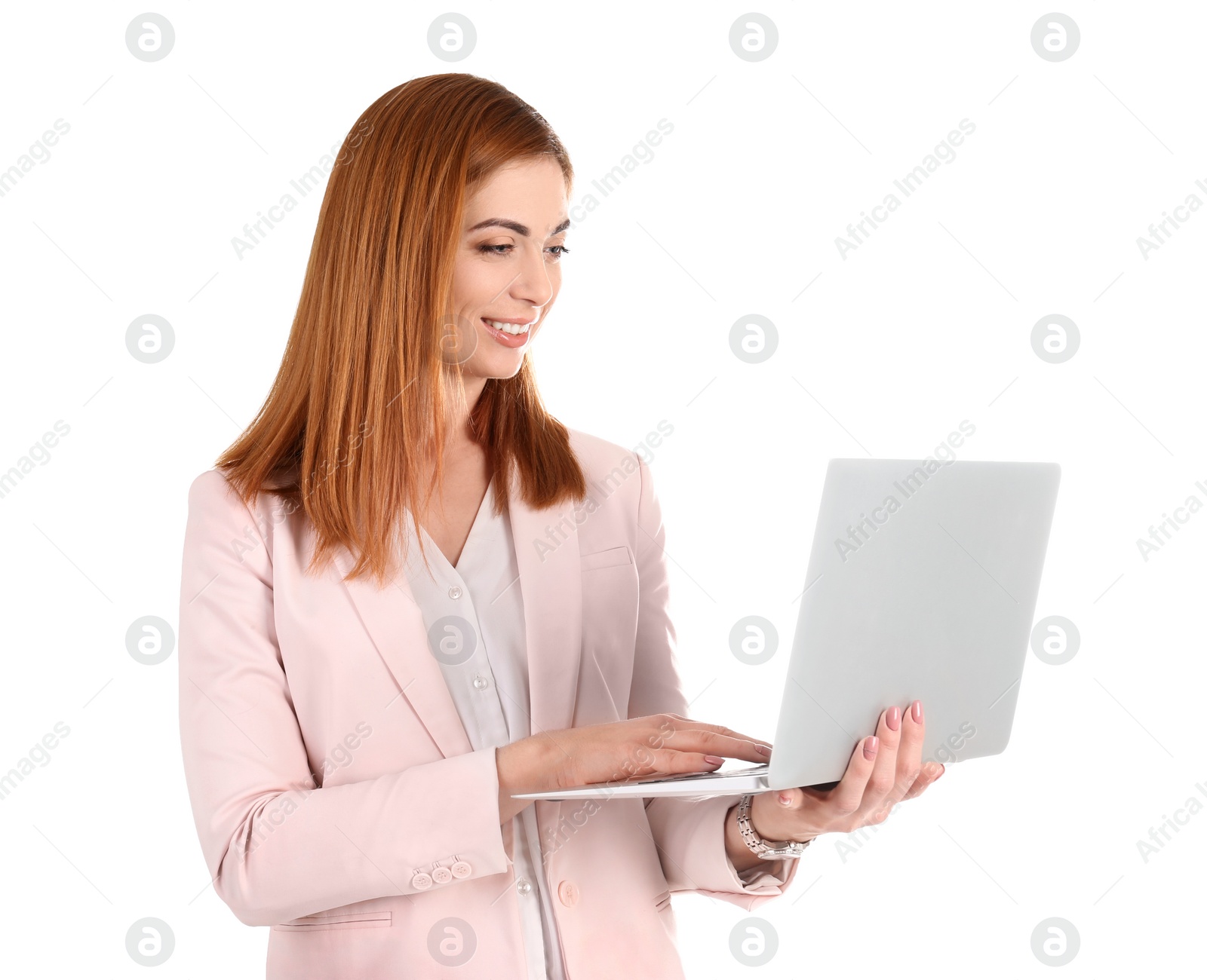 Photo of Beautiful young teacher with laptop on white background