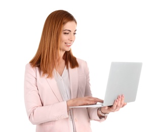 Photo of Beautiful young teacher with laptop on white background