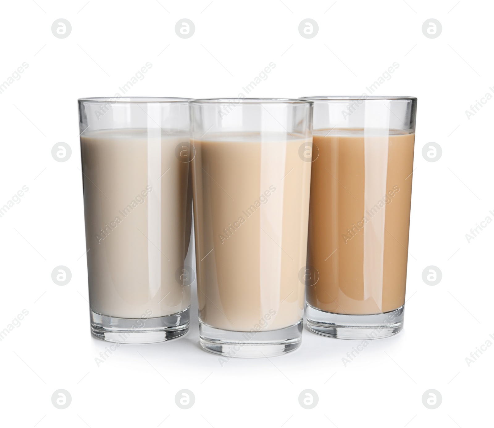 Photo of Glasses with protein shakes on white background