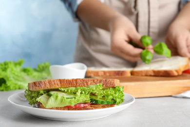 Photo of Tasty sandwich on light grey marble table, closeup