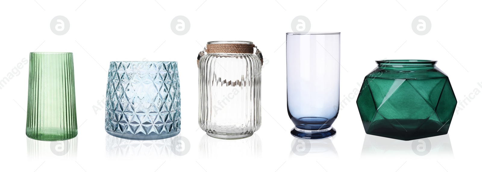 Image of Set of empty glass vases on white background. Banner design