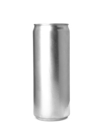 Photo of Aluminium can of beverage on white background