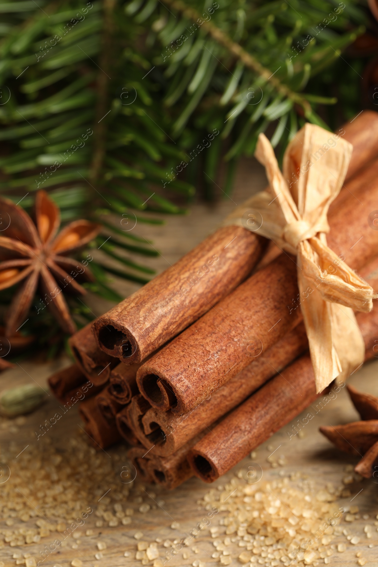 Photo of Different aromatic spices and fir branches on wooden table, closeup