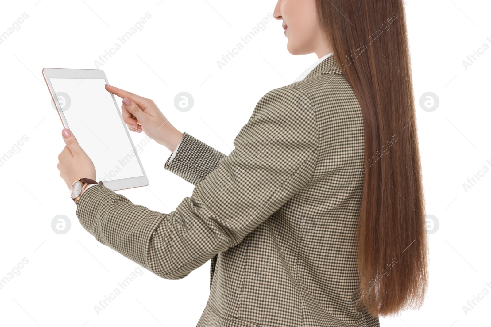 Photo of Woman using tablet with blank screen on white background, closeup. Mockup for design