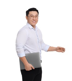 Photo of Businessman in formal clothes with laptop on white background