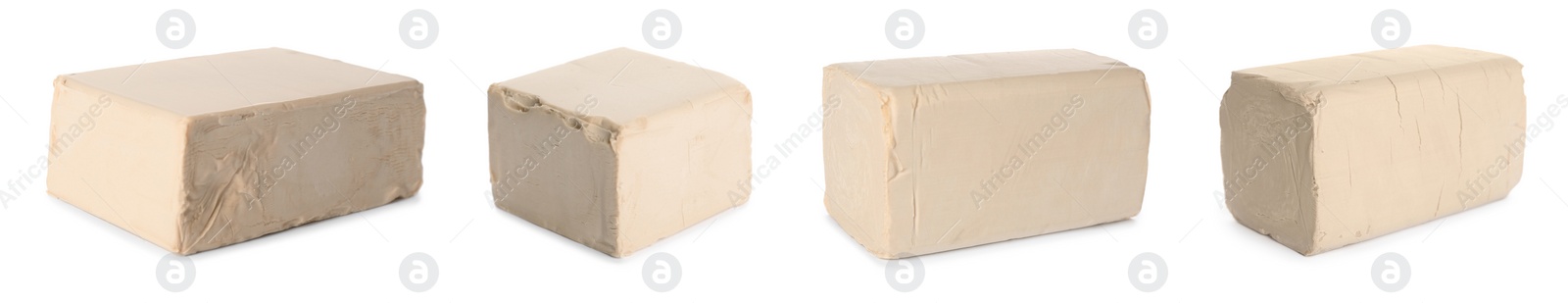 Image of Set with compressed yeast on white background. Banner design