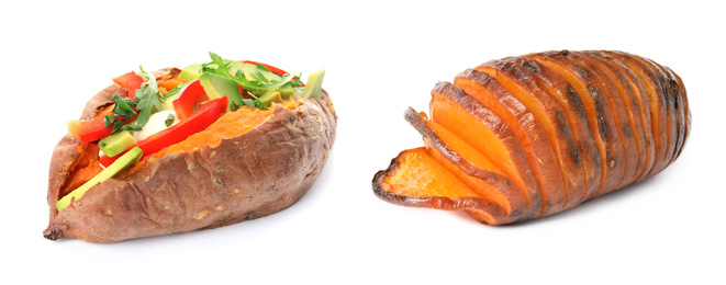 Image of Delicious cooked sweet potatoes on white background. Banner design