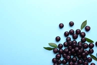 Fresh acai berries on light blue background, flat lay. Space for text