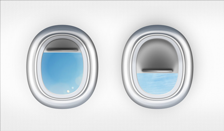 Image of View on blue sky through open airplane portholes