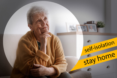 Self-isolation - important measure during coronavirus outbreak. Thoughtful elderly woman on sofa at home