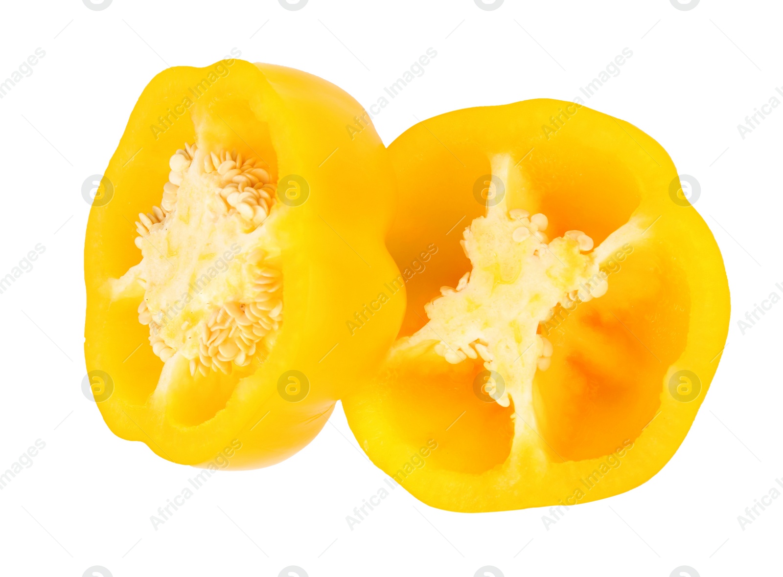 Photo of Halves of yellow bell pepper isolated on white, top view