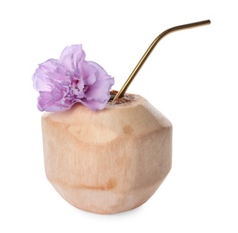 Photo of Young peeled coconut with straw and beautiful flower isolated on white