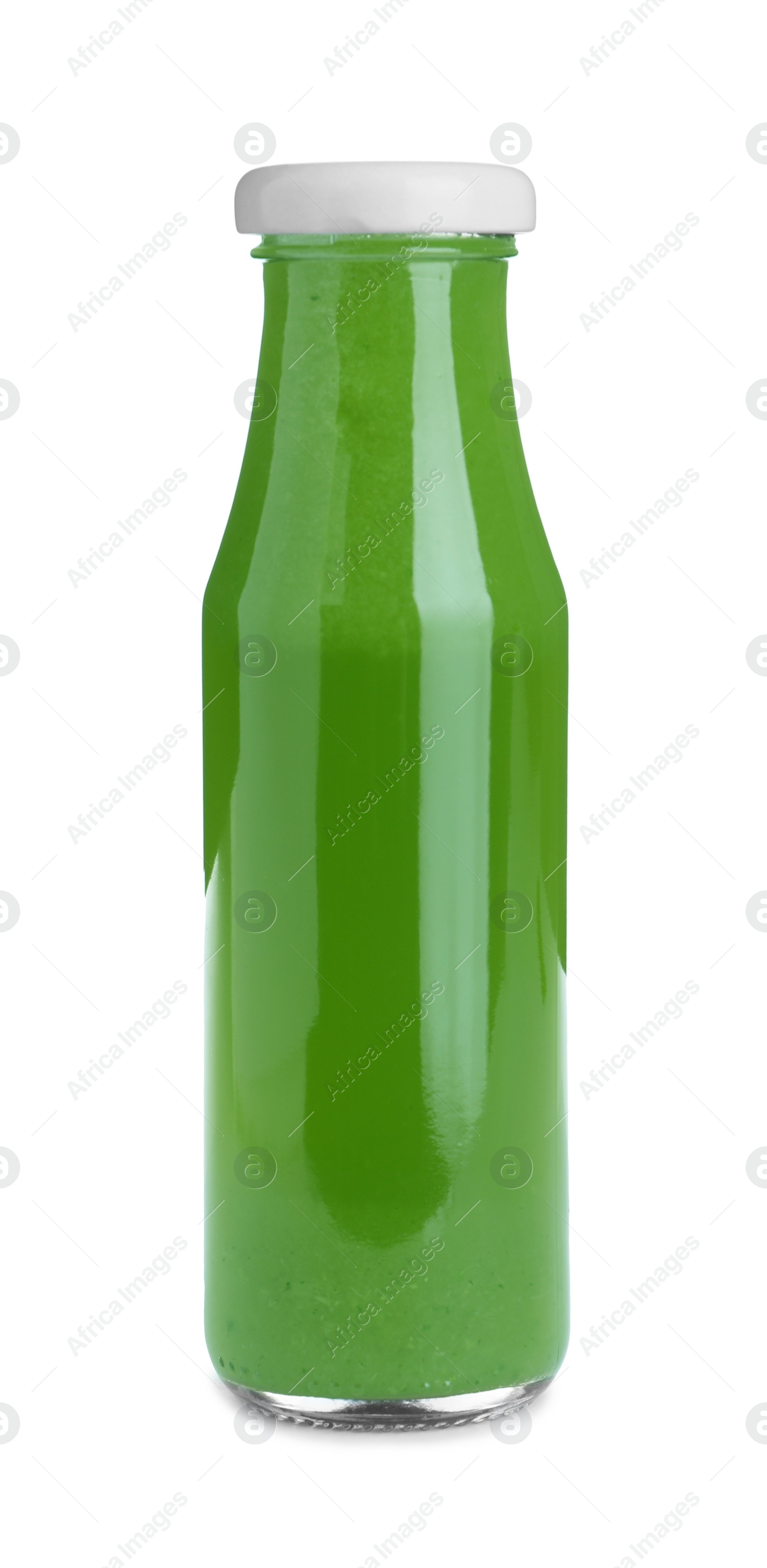 Photo of Bottle of fresh celery juice isolated on white