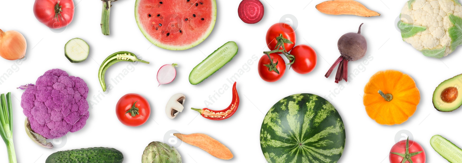 Image of Collage with many vegetables and fruits on white background, top view