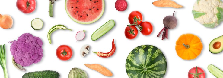 Image of Collage with many vegetables and fruits on white background, top view