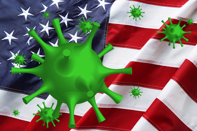 Image of Covid-19 outbreak. Virus flying over American flag