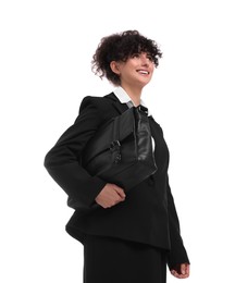 Photo of Beautiful businesswoman in suit with briefcase on white background, low angle view