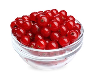 Photo of Tasty ripe redcurrants in glass bowl isolated on white