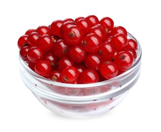 Tasty ripe redcurrants in glass bowl isolated on white