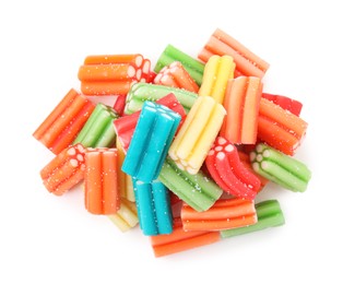 Pile of tasty colorful jelly candies on white background, top view