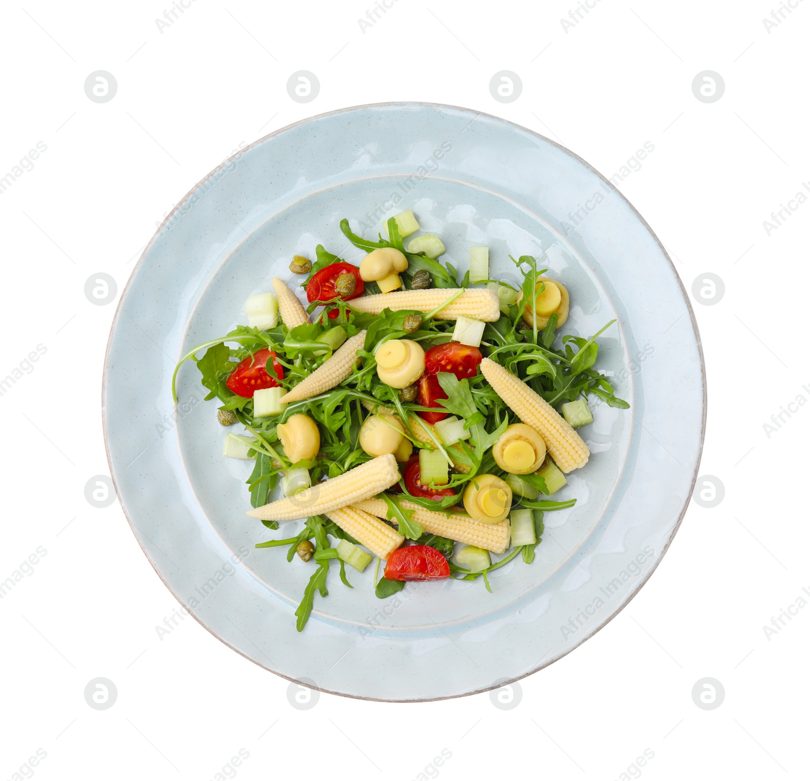 Photo of Tasty baby corn with vegetables, arugula and mushrooms isolated on white, top view