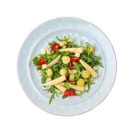 Photo of Tasty baby corn with vegetables, arugula and mushrooms isolated on white, top view