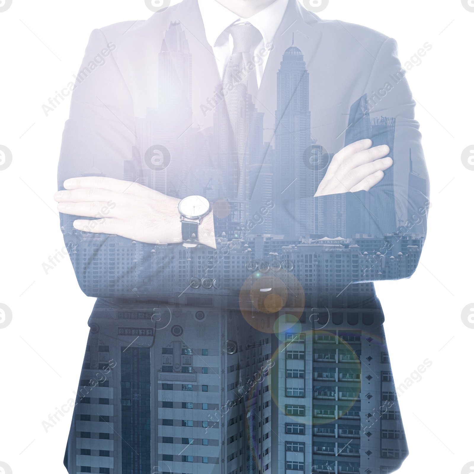 Image of Multiple exposure of confident architect and buildings